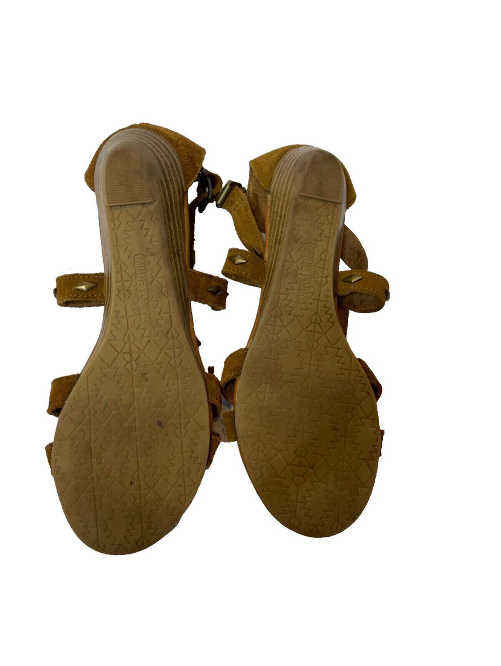 Minnetonka Merriam Suede Leather Fringe Studded Open Toe Wedge Sandals Size 9 - Picture 7 of 8